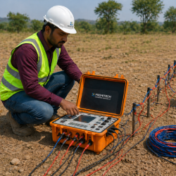 ERT test at construction site with engineers and geophysical equipment.